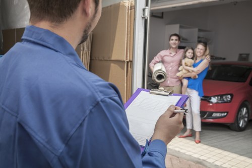 Professional team moving large household furniture in central Belgravia